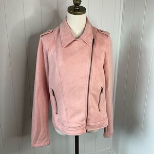 Justfab Womens Medium Faux Suede Moto Jacket Pink Asymmetrical Zipper Stretch